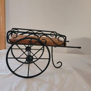 Vintage Wrought Iron Wood Flower Cart  Stand Big Wheel 11.25 "x 5” x  7.25" Tall